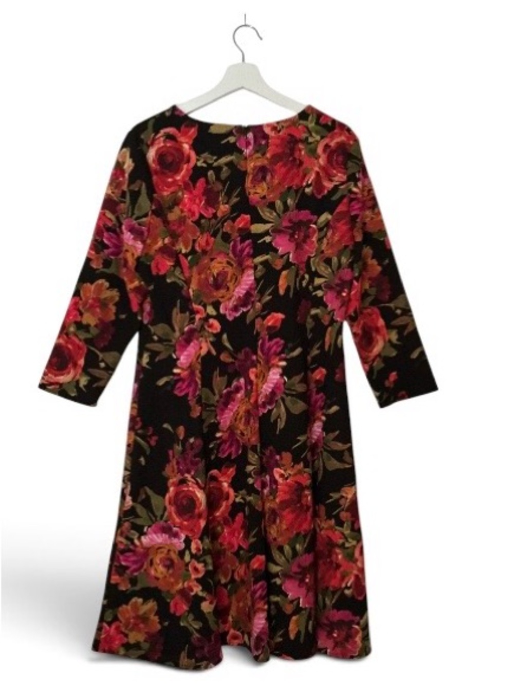 London Times Black Floral 3/4-Sleeve A-Line Dress with Pink and Red-Orange Roses - Picture 2 of 11